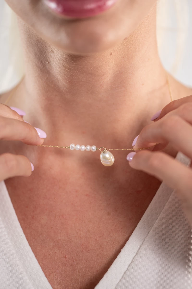 Fehér Gyöngy Sárga Arany 14K Nyaklánc