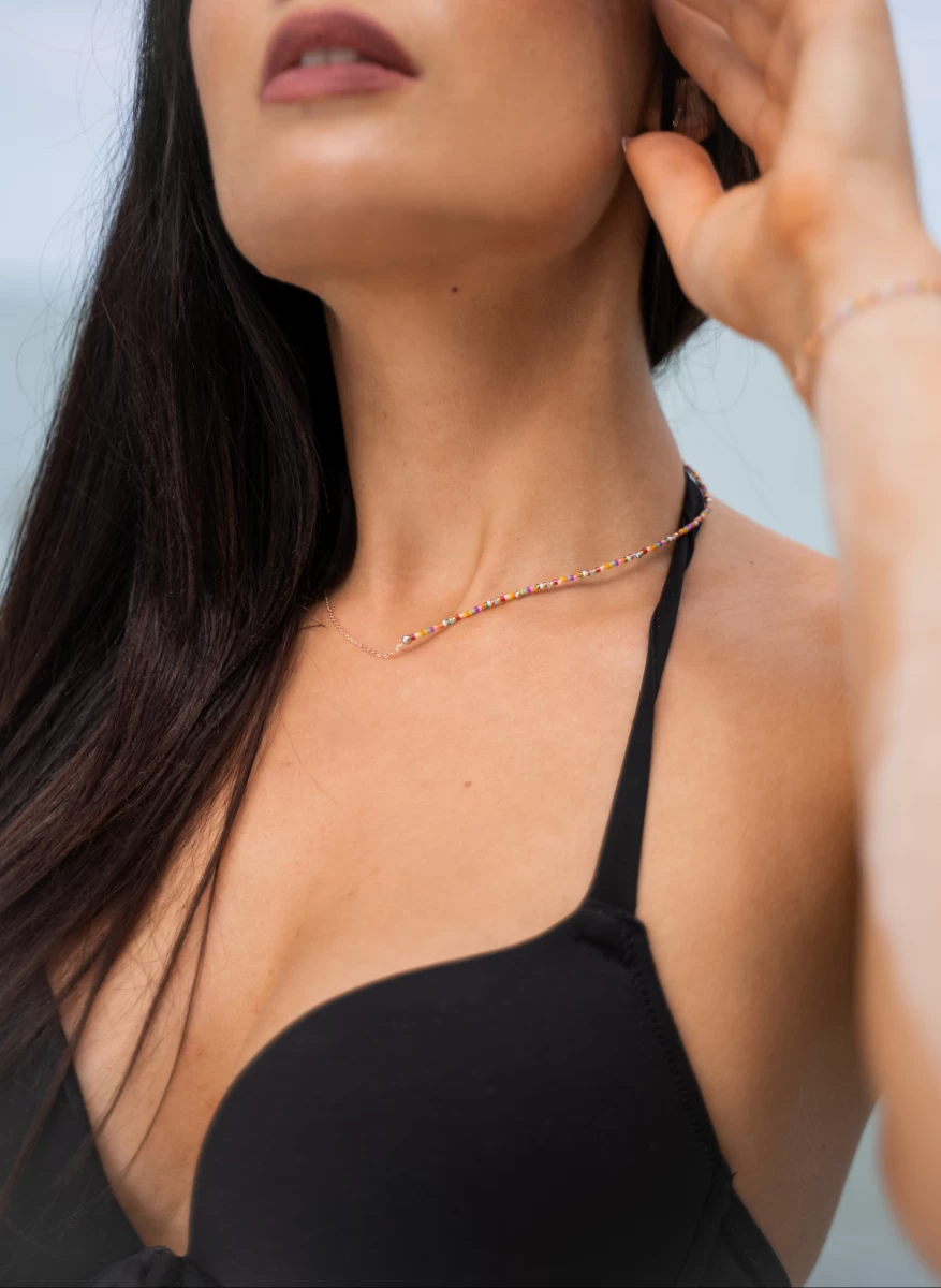 Színes Gyöngy Lánc Fehér Arany 14K Nyaklánc