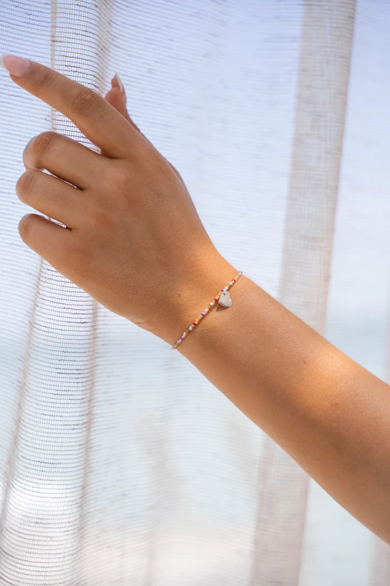 Színes Gyöngy Szív Fehér Arany 14K Karkötő