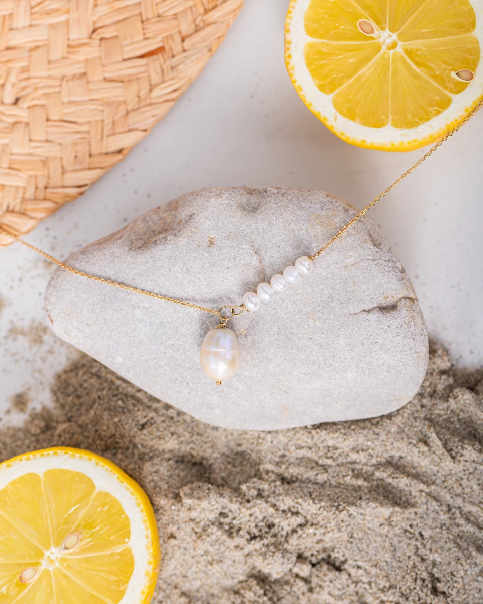 Fehér Gyöngy Sárga Arany 14K Nyaklánc