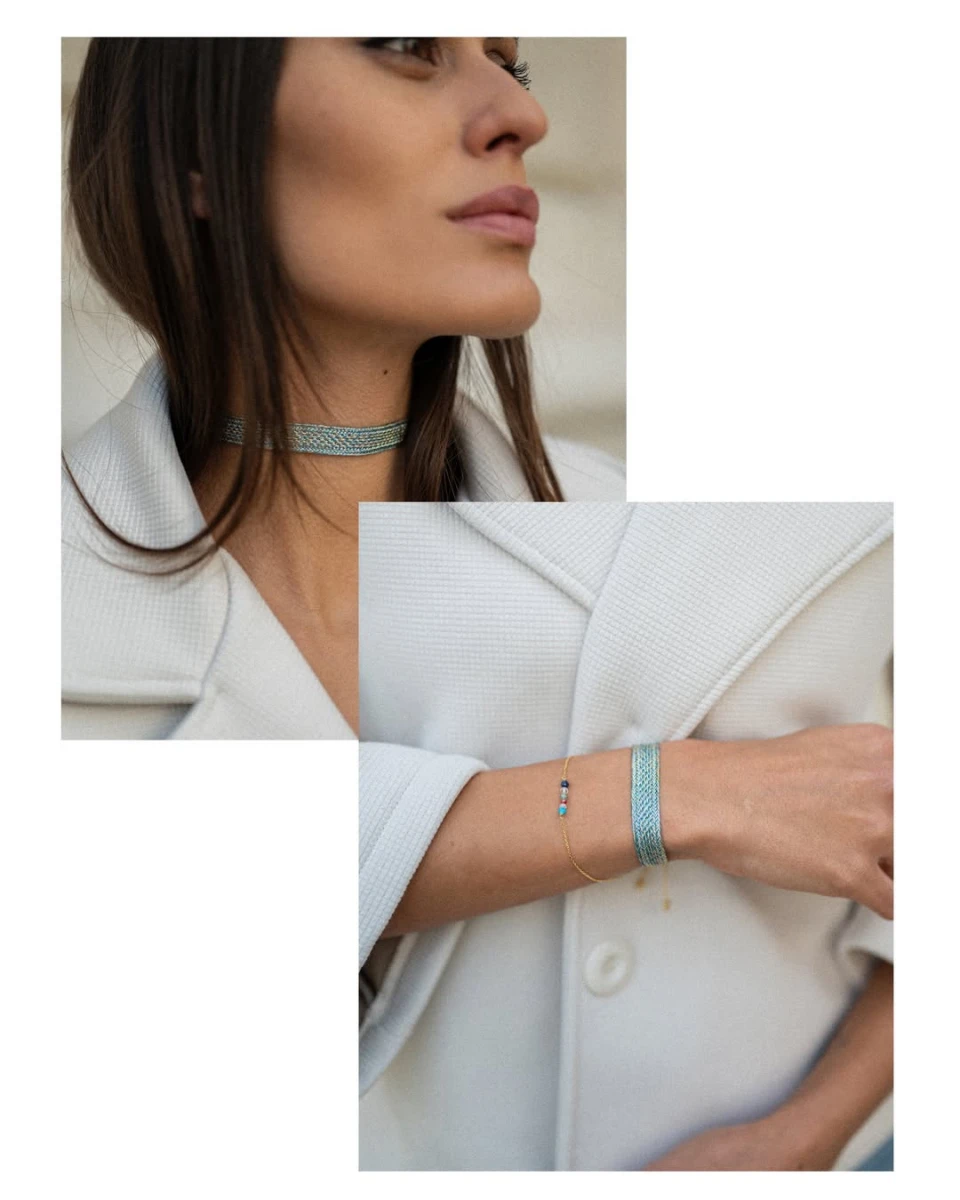 Hagyományos Arab Aranyszál Choker Nyaklánc Arany és Denim Kék Szín