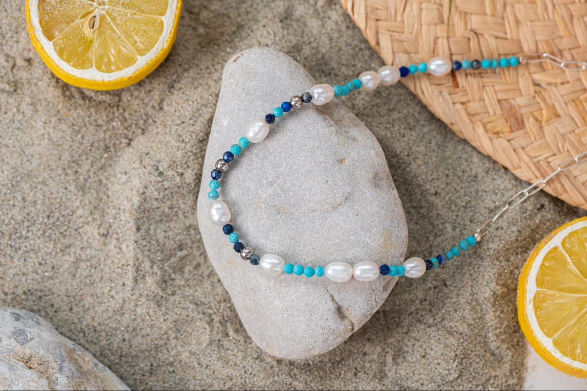 Fehér Édesvízi Gyöngy és Színes Ásvány Ezüst 925 Nyaklánc