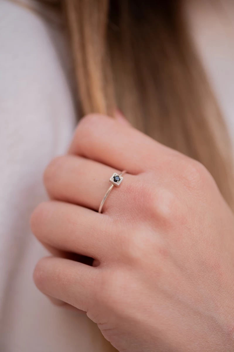 Fekete Cirkónia Féldrágakő 1 Kő Fehér Arany 14K Gyűrű