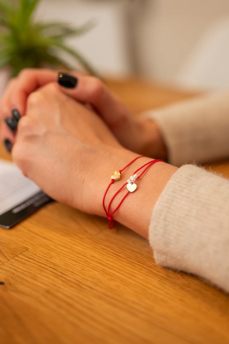 Gyöngy Szív Medállal Fehér Arany 14K Fonalas Karkötő